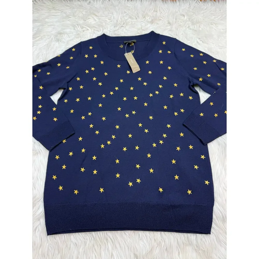 J. Crew Tippi Lightweight Sweater in Embroidered Stars Navy Size S NWT Preppy